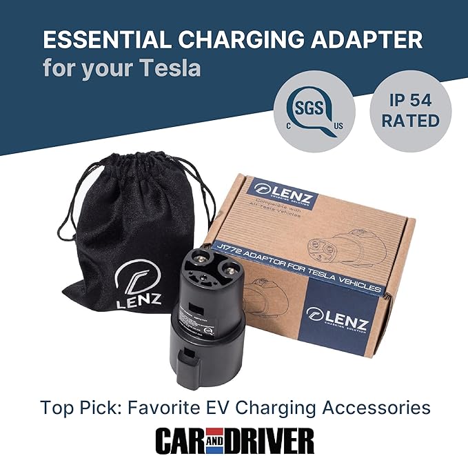 LENZ J1772 Charging Adapter for Tesla Model 3, and Cybertruck, Safety Certified