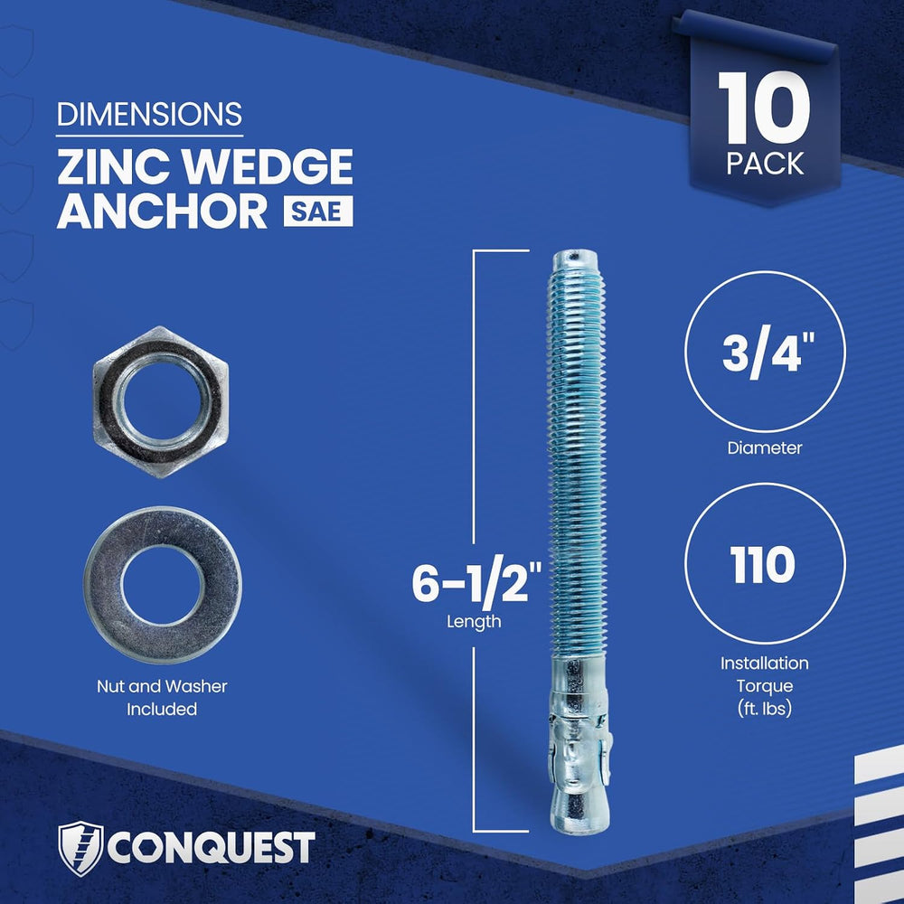 Conquest Zinc Plated Wedge Anchors for Concrete 3/4” x 6-1/4”