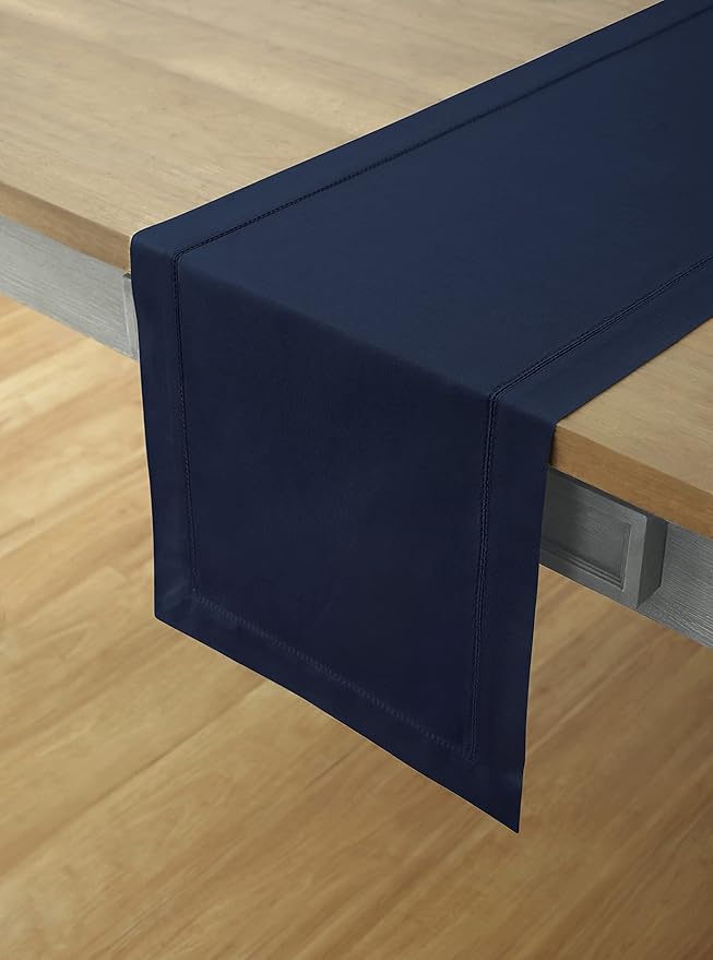 Solino Home Cotton Linen Navy Blue Table Runner 72 Inches Long - Hemstitch Ta...