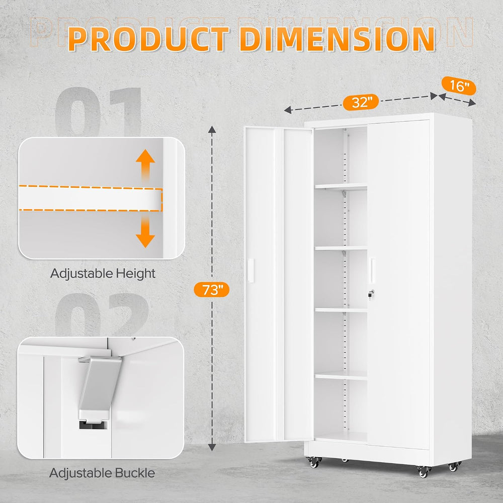 Superday 73" Metal Storage Cabinet with Wheels, Lockable Steel Utility C...