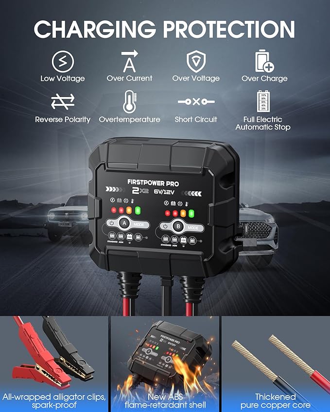 2-Bank, 4A Trickle Charger for Car Battery, 12V 6V Car Battery Charger