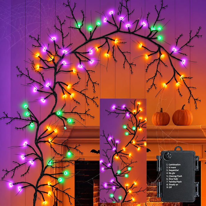 9Ft 72 LED Halloween Willow Vine Twig Garland with Lights - 8 Modes & Timer, Orange,Purple and Green, Waterproof Battery Operated for Mantle, Wall, Fireplace, Indoor Halloween Decorations