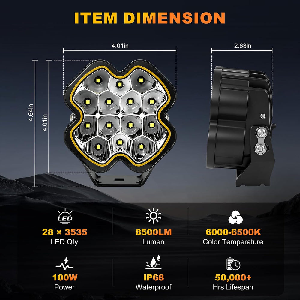 4 Inch LED Pod Lights, Spot Flood Combo Ditch Lights with Amber DRL
