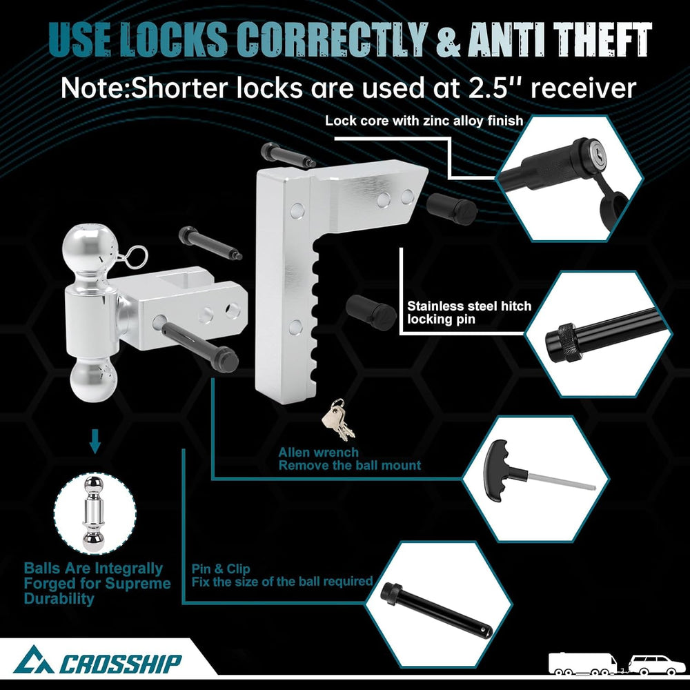 Adjustable Trailer Hitch - Heavy Duty Aluminum Drop Drawbar Hitch - Fits 2.5&...