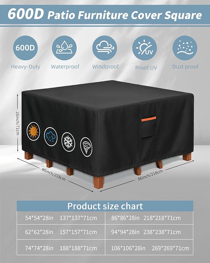 Outdoor Waterproof Furniture Cover, 86W x 86L x 28H inches Heavy Duty 600D