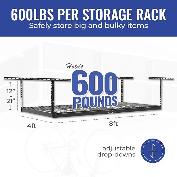 SafeRacks Heavy Duty Overhead Garage Storage Rack, 600 lb Capacity, Adjustabl...