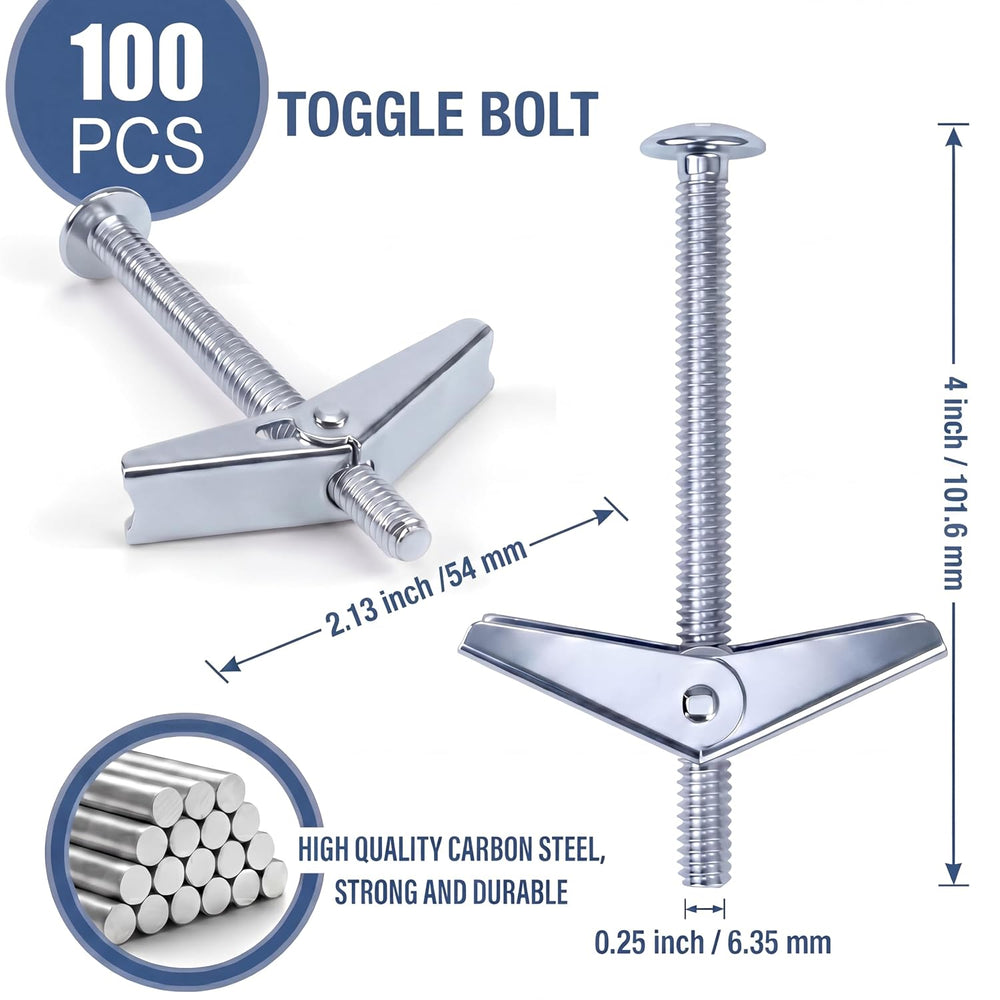 100-Pack 1/4" x 4" Toggle Bolts, Heavy Duty Spring Toggle Anchors f...