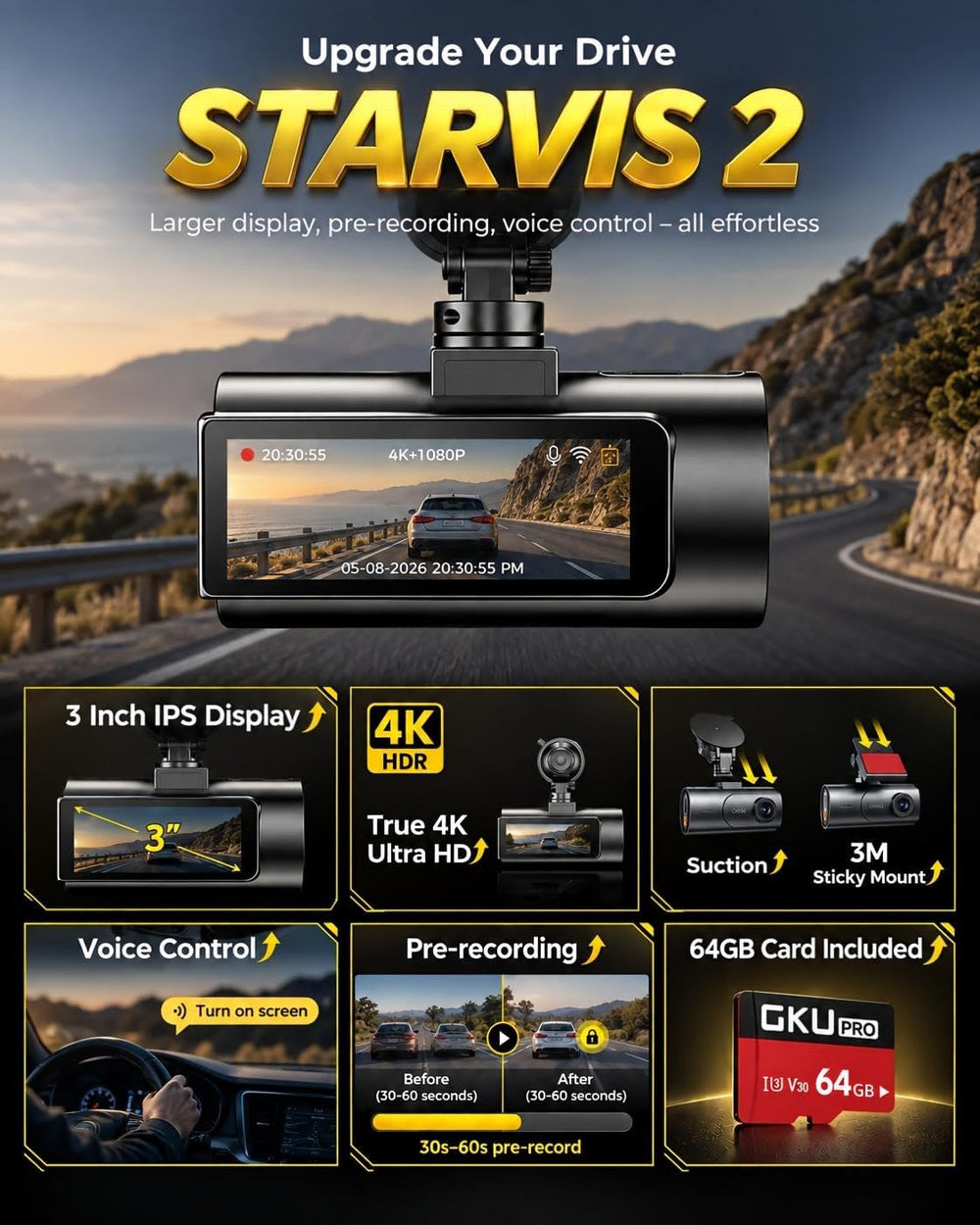 GKU 4K Dual Dash Cam Front and Rear, STARVIS 2 Sensor, 64GB Card Included