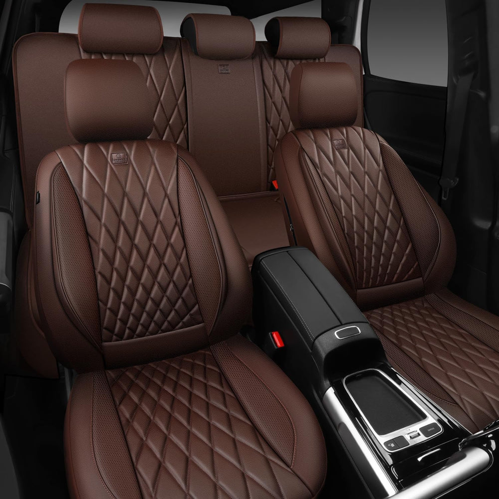 CAR PASS Piping Luxury Faux Leather Seat Covers Full Set, 5 Seats Anti-Slip W...
