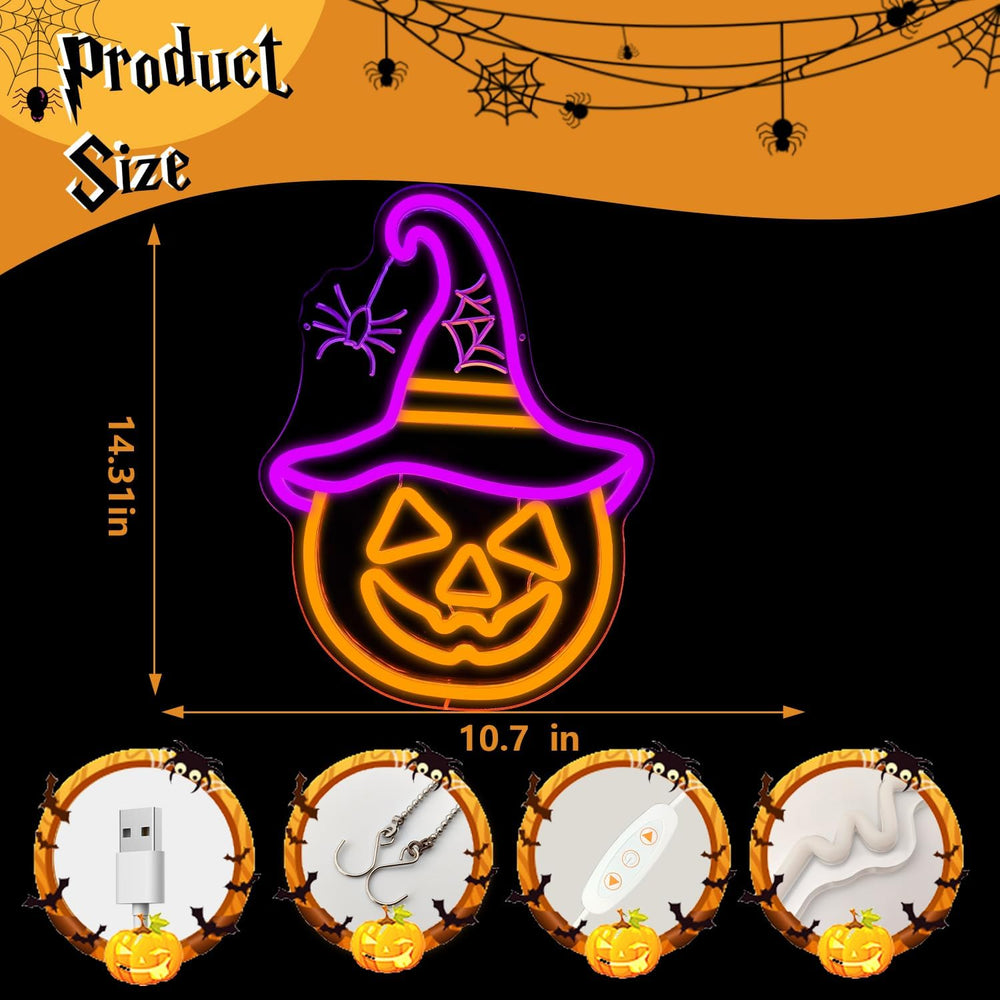 Halloween Neon Sign Pumpkin Neon Sign for Wall Decor Witch Hat Halloween Pump...