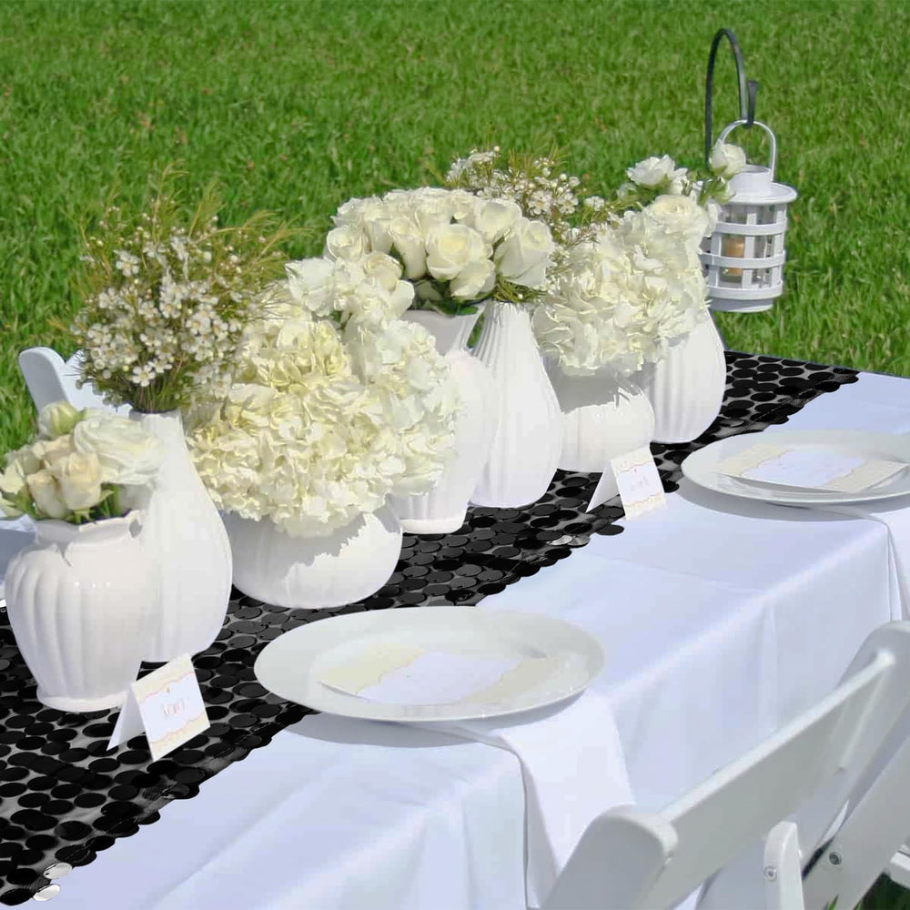 3 Packs Black Sequin Table Runner 12 x 108 Inch Glitter Rectangle Big Sequin ...