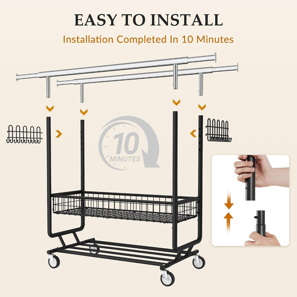 Gewudraw Clothes Rack Heavy Duty Load 1060 LBS with Wheels,Commercial,Black