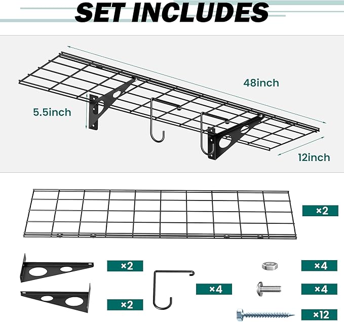 EVERHANGER Garage Wall Shelves, 12 X 48 Inch Wall Mounted Storage Shelves
