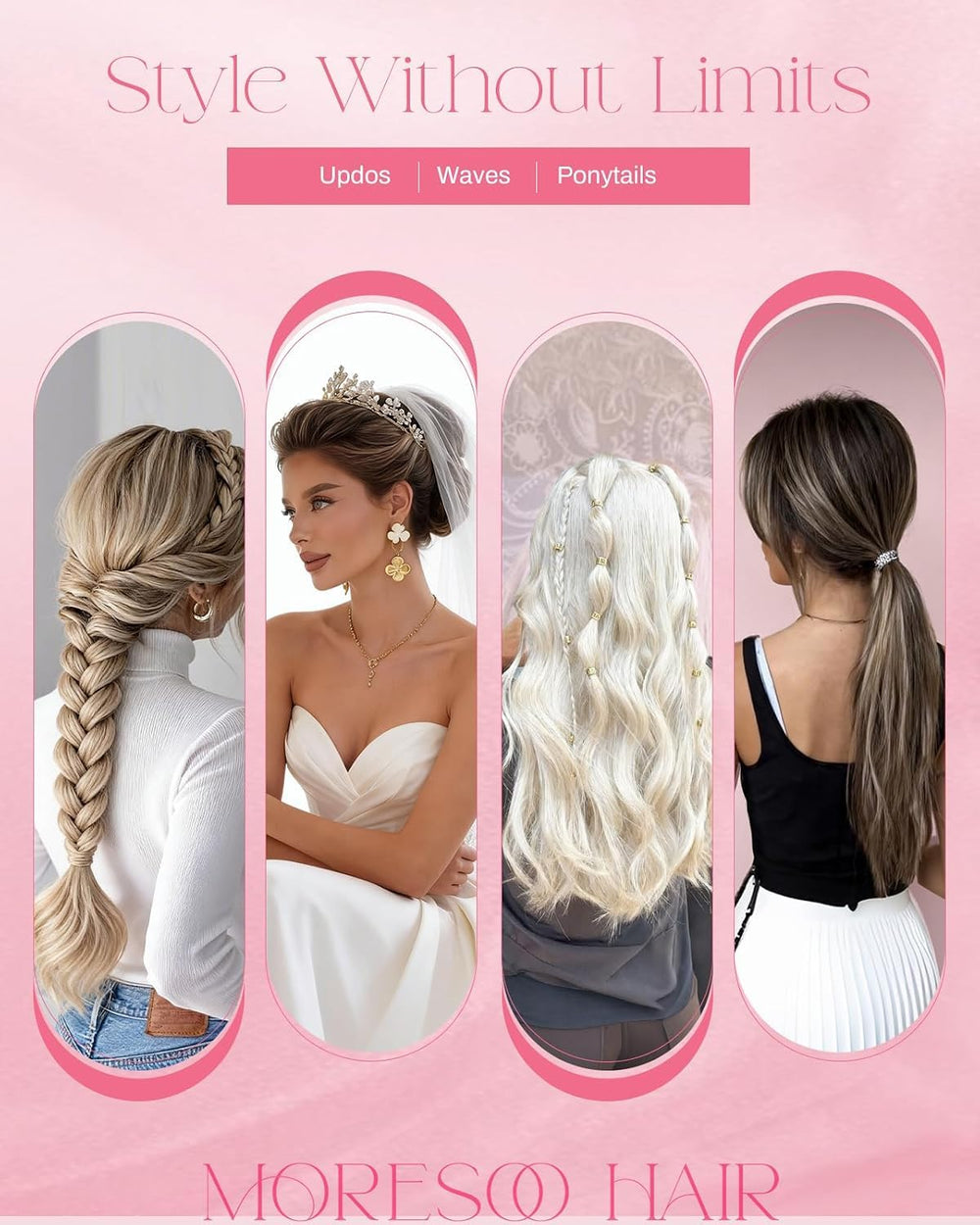Moresoo Bleach Blonde Invisible Tape Hair Extensions, 24 Inch, 20Pcs, 50g