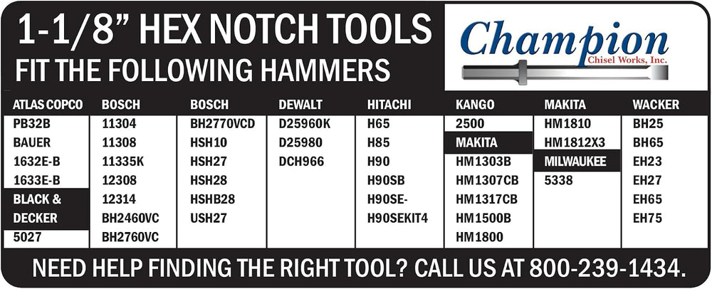 Champion Chisel 1-1/8 by 6-Inch Hex Shank w/notch, Steel Bushing Tool, 16 Ste...