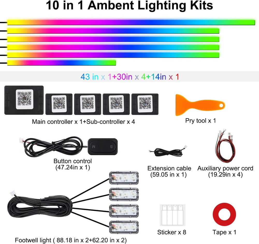 Dreamcolor Acrylic Interior Car LED Strip Lights, 10 in 1 Ambient Lighting Ki...