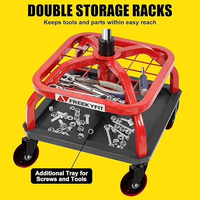 Rolling Stool with Red Wheels, Heavy Duty Garage Work Mechanic Rolling Shop