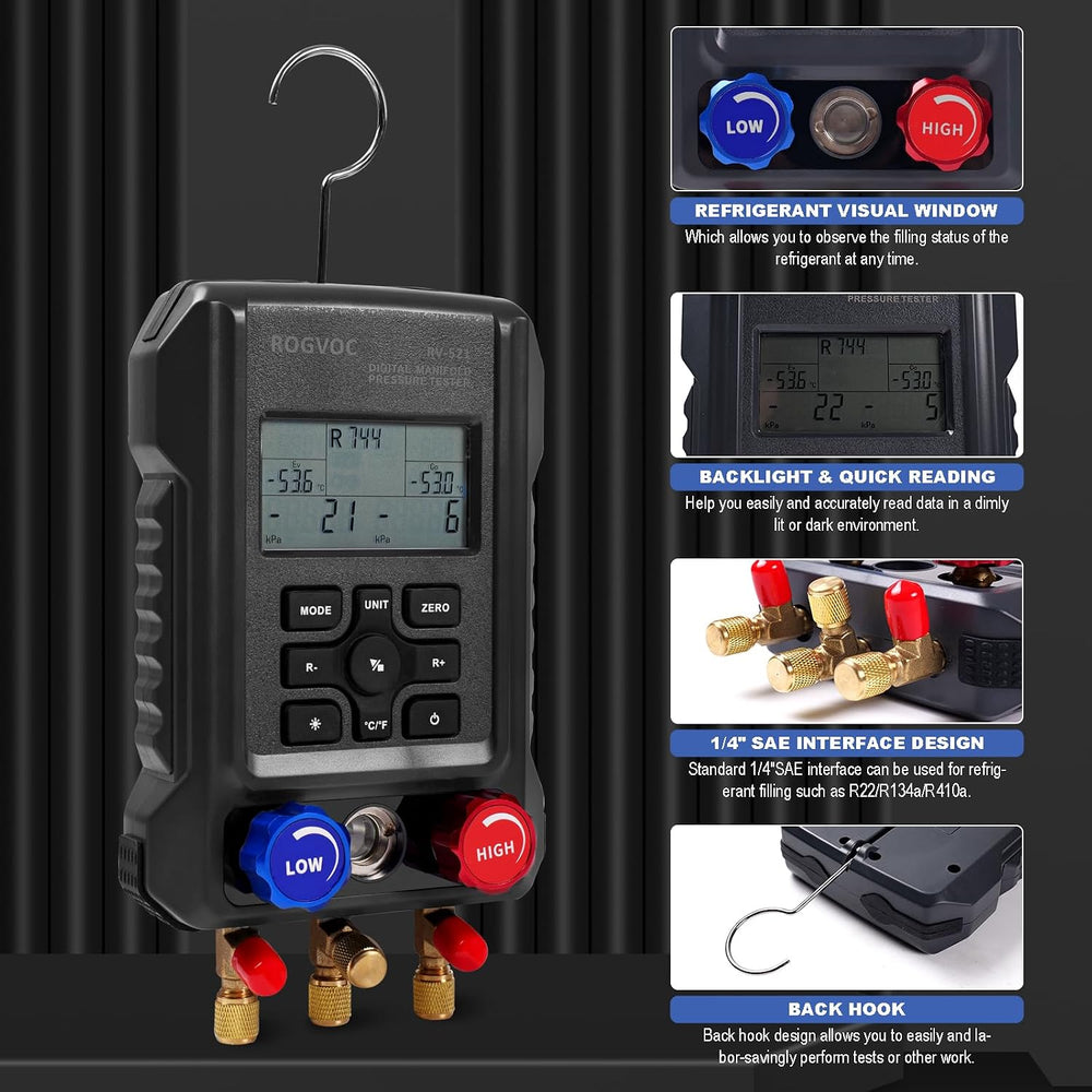 3-Way Digital Manifold Gauge, HVAC Refrigerants AC Gauges Set