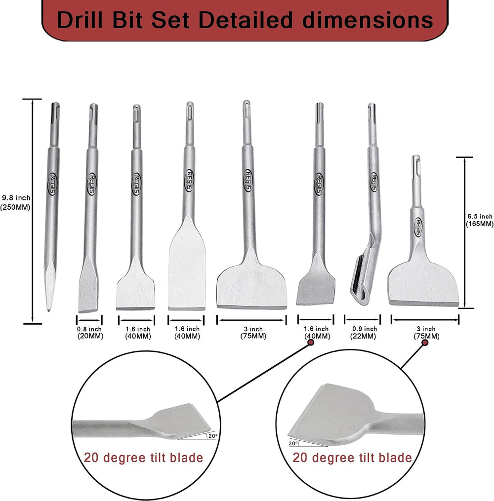 8 pcs SDS Plus Chisel Set, Masonry Concrete Drill Bit Set, Tile Removal Chise...