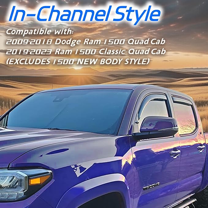 4 PCS in Channel Rain Guards for 2009-2018 Dodge Ram 1500 Quad Cab, Smoke