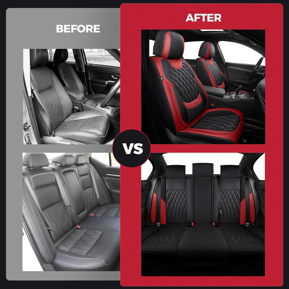 FREESOO Car Seat Covers Full Set Faux Leather Universal Fit Black Red