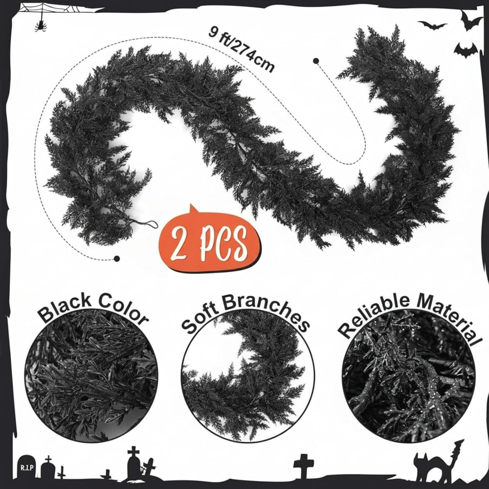 Dingion 2 Pack 9 ft Halloween Black Artificial Cedar Garland