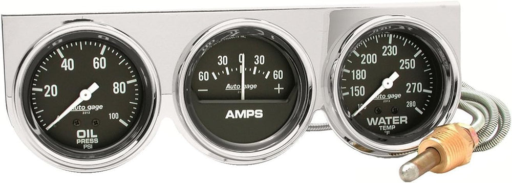 AUTO METER 2395 Autogage Black Oil/Amp/Water Gauge Chrome Console - 2 5/8 - f...