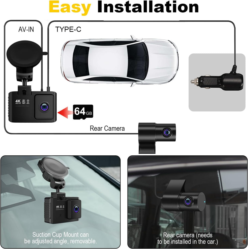 Dash Cam Front and Rear: 4K+2.5K Dual Channel Dash Cam-5GHz WiFi, GPS Dash Ca...