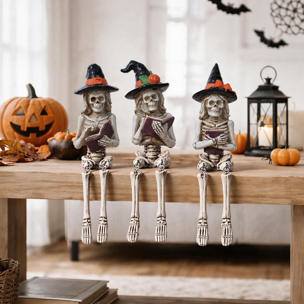 Dlfghos 3 Pieces Halloween Skeleton Statue Halloween Skull Figurine Home Deco...