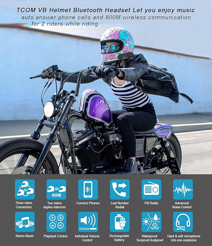 FreedConn Motorcycle Bluetooth Headset, TCOM VB 2-Way 800M Helmet Communicati...