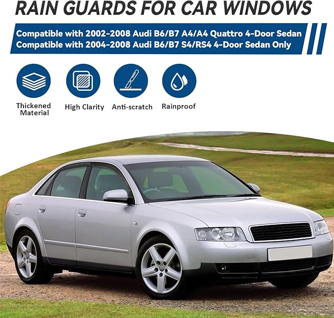 4pcs Front+Rear Smoke Tint Sun/Rain Guard Outside Mount Tape-On Vent Window