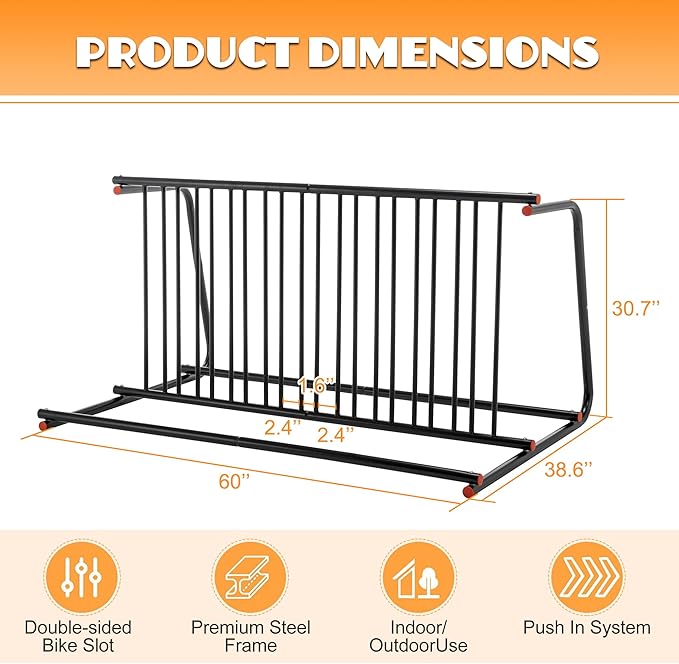 10-Bike Floor Bike Rack, 60” Dual-Sided Freestanding Steel Bike Stand