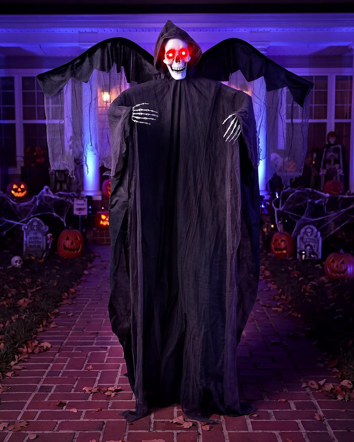 74'' Sound Activated Animatronics Skeleton, Outdoor Halloween Skeleton with Spooky Sound Adjustable Arm, Life Size Halloween Skeleton Decorations for Haunted House Decorations Yard Lawn Decor