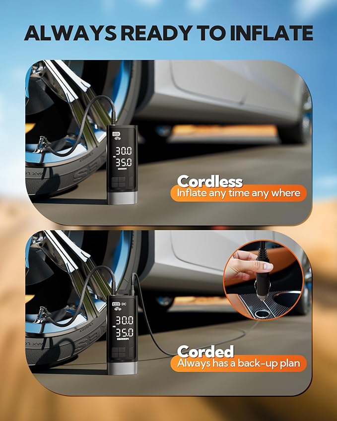 Portable Tire Inflator with Dual-Cylinder, 5 x Fast Inflation Car Air