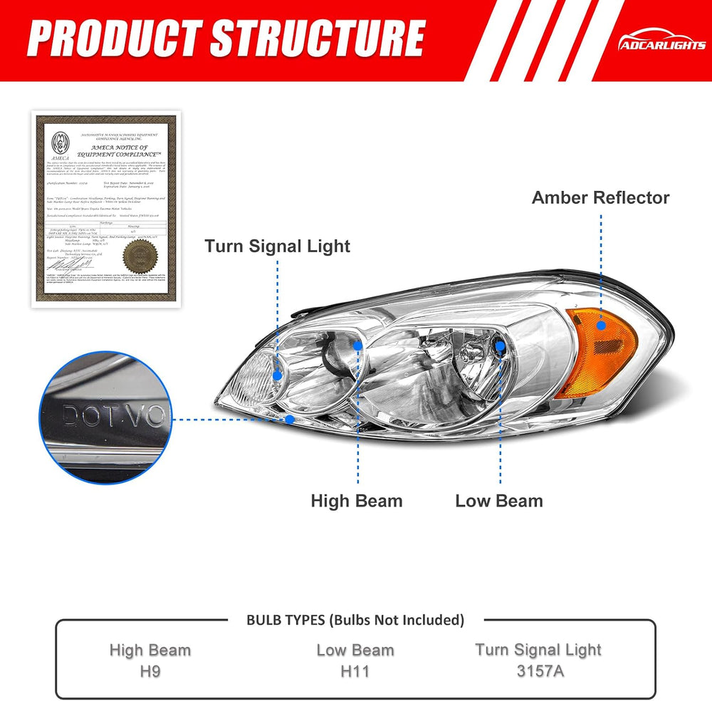 for 2006-2013 Chevy Impala 2006-2007 Chevy Monte Carlo Headlight Assembly Com...