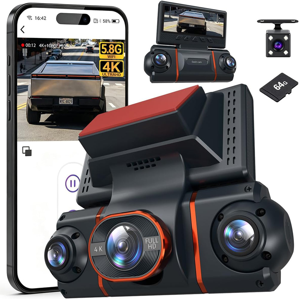4K+1080P*3 FHD Dash Cam Front and Rear, 360° Car Camera, 5.8GHz WiFi 20MB/s