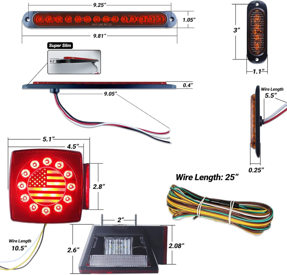 Submersible Square LED Trailer Tail Light Kit American Flag Designed 10 inch ...