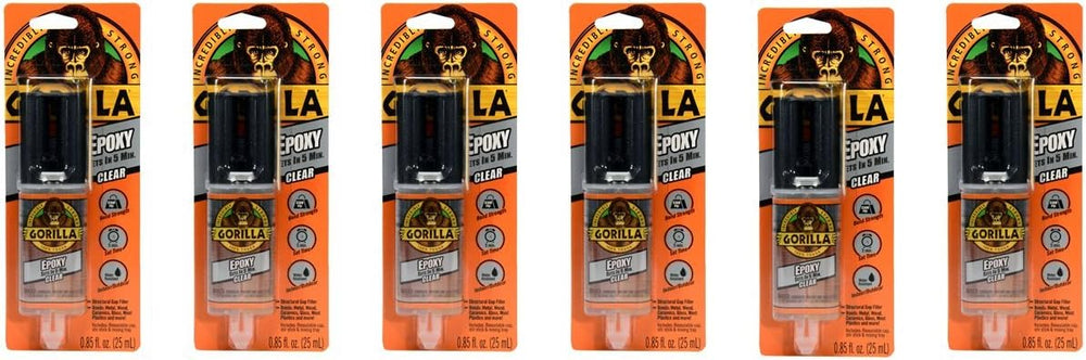 Gorilla 2 Part Epoxy, 5 Minute Set, .85 Ounce Syringe, Clear, (Pack of 6)