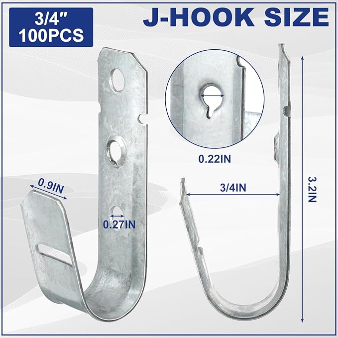 Gisafai 100 Pcs Cable Support J-Hook, 3/4 Inch Metal Garage Hooks
