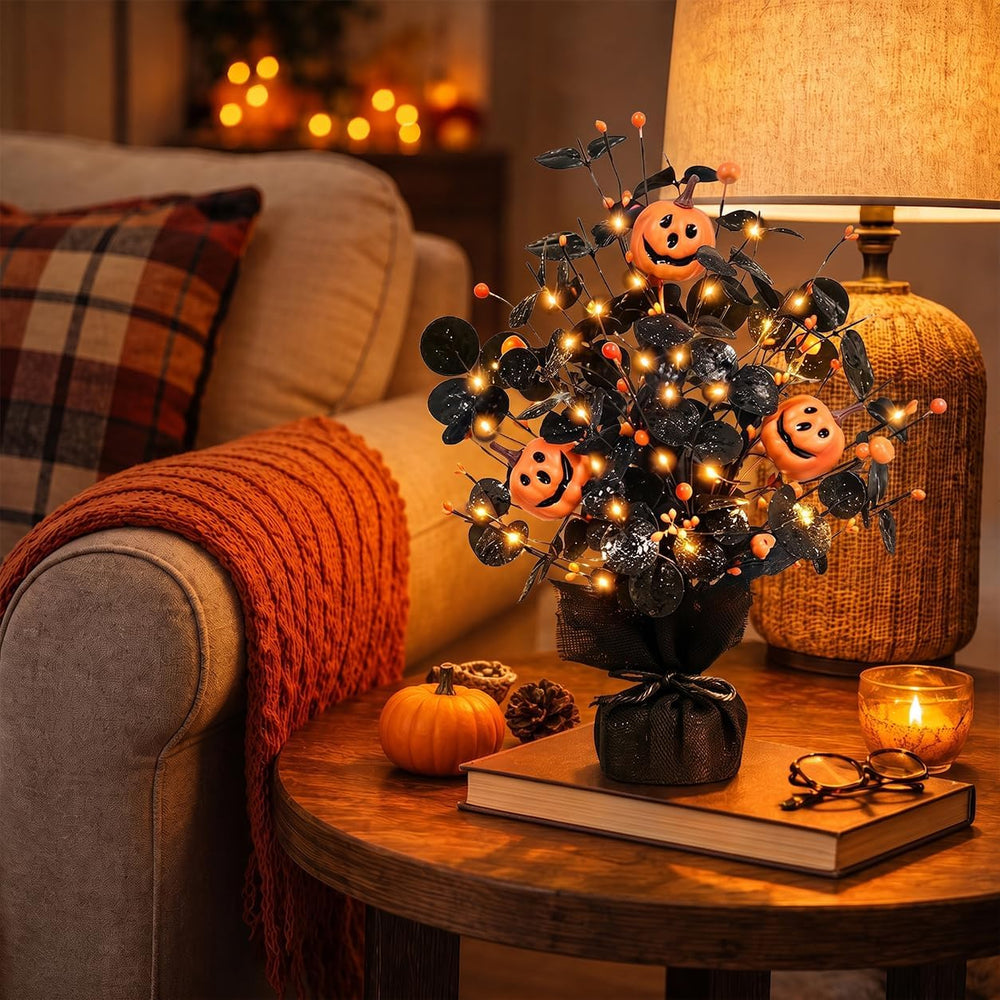 2Pack Lighted Halloween Table Tree, Halloween Pumpkin Decorations for Home