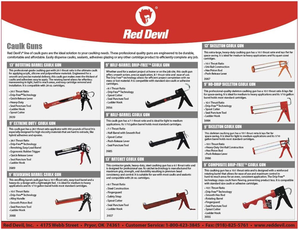 Red Devil 3989 9" Extreme Duty Caulk Gun - Hand Caulking Gun - Thrust Ra...