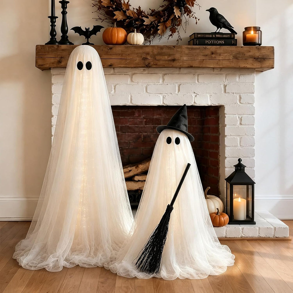 Halloween Decorations Outdoor, 2 Packs Light-Up Spooky Ghost Witch Broom