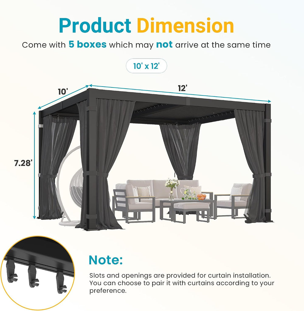 10' x 12' Pergola with Curtain & Adjustable Roof & Aluminum F...