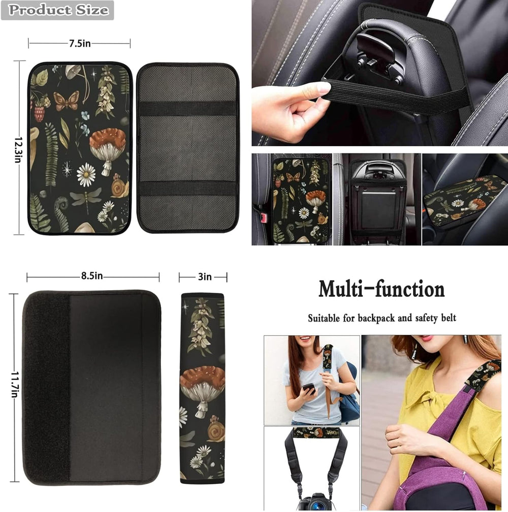Mushroom Car Seat Covers Full Set of 12 Pcs,Retro Mushroom Auto Steering Whee...