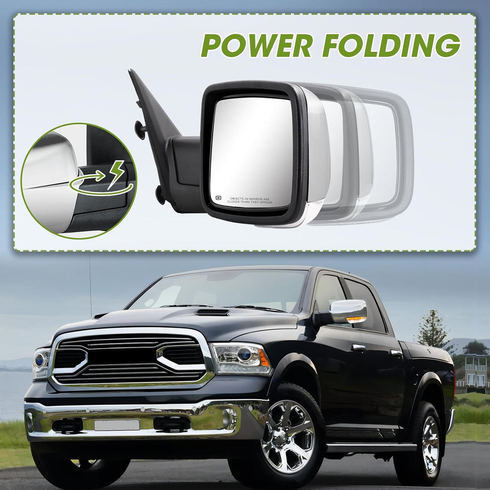 Chrome Power Folding Side Mirrors for Dodge Ram - Heated Tow Mirrors with Tur...