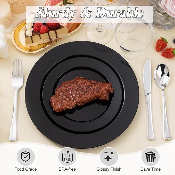 200PCS Black Plastic Plates Set, 100 10.25 inch Dinner Plates and 100 7.5 inc...