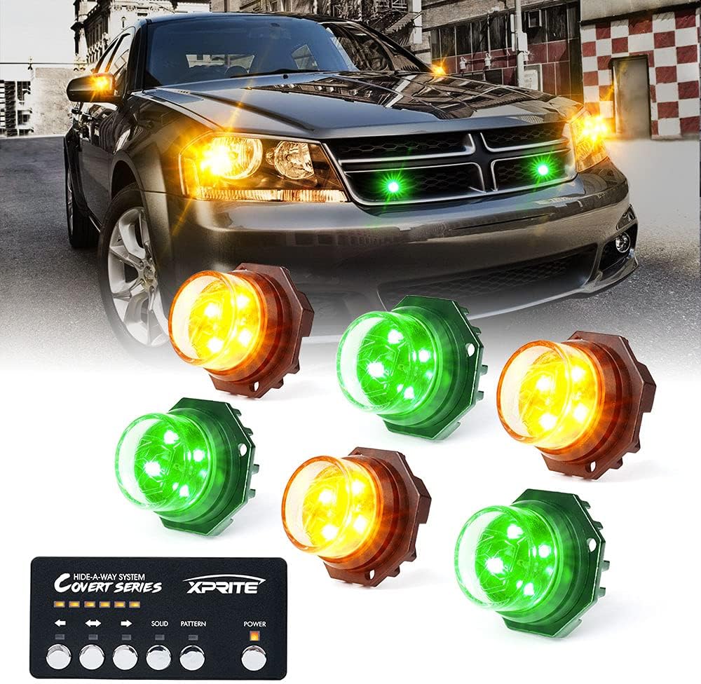 Xprite Amber Green LED Hideaway Strobe Lights Kit 20 Flashing Patterns (6 PCS)