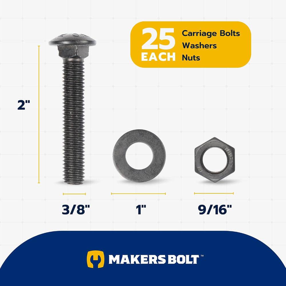 3/8" x 2" (25 Pack) Black Carriage Bolt Kit, Grade 307A, Ceramic Co...