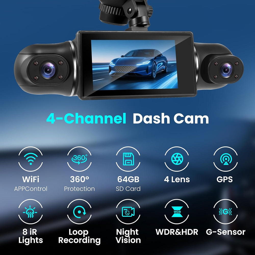 4 Channel Dash Cam 360° View Front Rear Inside & Left Right,Dash Camera F...