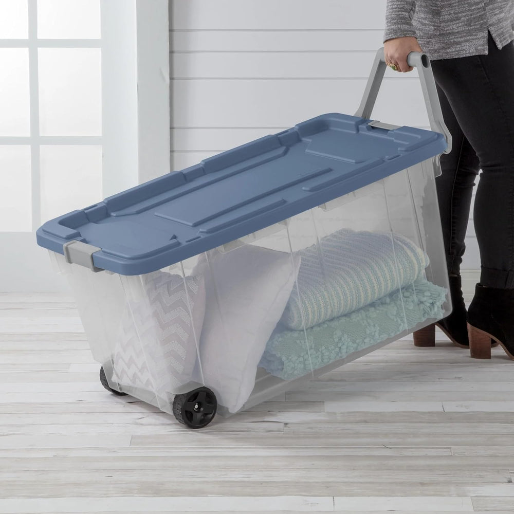 160 Quart Extra Large Clear Rolling Storage Bins 2-Pack, Blue Heavy-Duty Plas...
